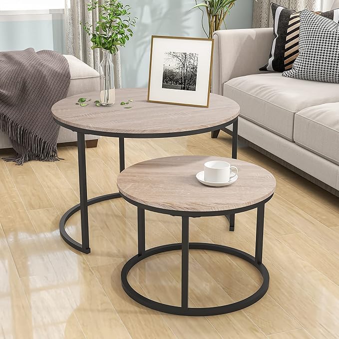 HOJINLINERO Industrial Round Coffee Table Set of 2 End Table for Living Room,Stacking Side Tables, Sturdy and Easy Assembly,Wood Look Accent Furniture with Metal Frame,Black+Teak Oak