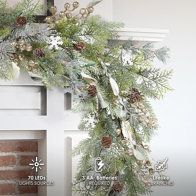 WBHome 2PCS 6ft Mixed Snowy Norway Spruce & Pine Branch with Shimmy Berries Mantle Christmas Garland, Winter Flocked Garland for Christmas Holiday Seasonal Indoor/Outdoor Home Decor