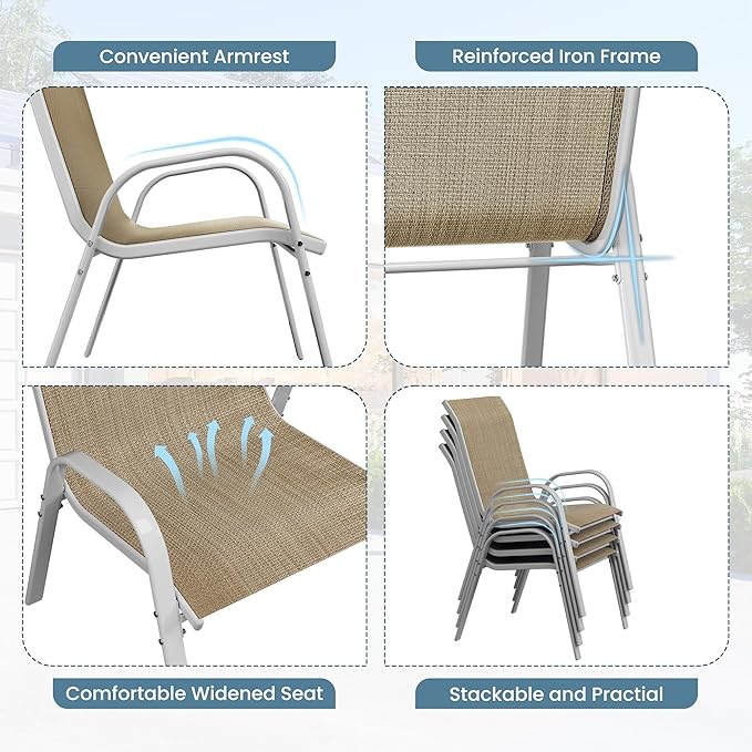 Amopatio Patio Chairs Set of 4, Stackable Outdoor Dining Chairs for All Weather, Silver Outdoor Chair Garden Furniture for Backyard Deck, Beige
