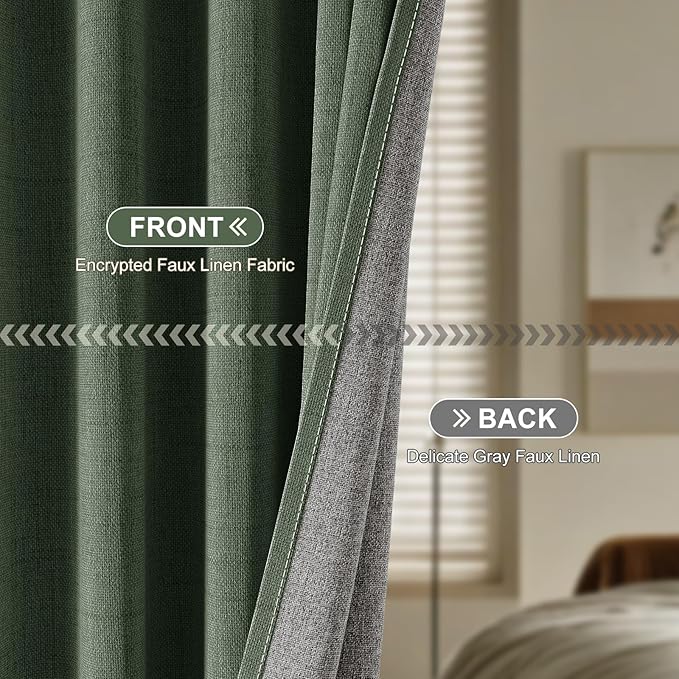 100% Blackout Curtains for Bedroom 90 inch Length 2 Panels Set, Farmhouse Linen Textured Full Light Blocking Room Darkening Thermal Insulated Drapes for Living Room (W52xL90, Olive)