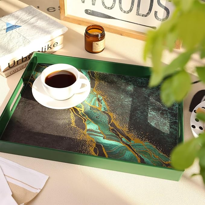 Marble Green Decorative Tray for Coffee Table, Ottoman, Rectangular Plastic Serving Platter Tray with Handles for Entertaining, Outdoor Patio, Living Room Counter, 15.7”*11.8”*1.6”