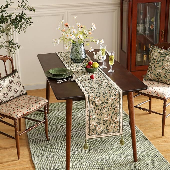 ISAENNE Designer Green Elegant Linen Table Runner 71 Inches Long,Flower and Leaves Pattern Wrinkle Resistant Table Runners for Dining Tables,Thanksgiving,Kitchen Tables,Christmas,12"*71"-Brune