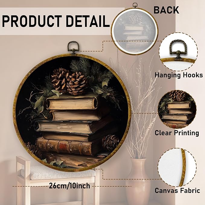 QZQE Rustic Christmas Round Wall Art Decor Framed, Vintage Christmas Pinecones Book Canvas Prints, Dark Academia Bookish Cottagecore Wall Hanging Decor for Library Reading Room Home, 10x10 Inch