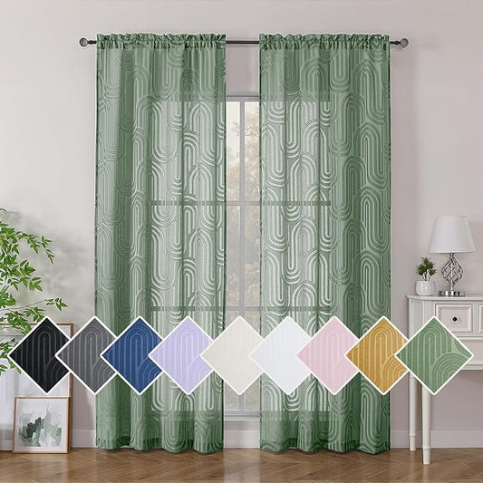 Simplebrand Sage Green Semi Sheer Curtains 84 Inches Long 2 Panels, Soft Airy Light Filtering Jacquard Clip Textured Semi Sheer Curtains for Bedroom, Modern Elegant Rod Pocket Window Panels, 42"Wx84"L