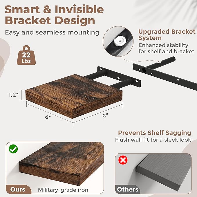 Floating Shelves for Wall with Invisible Brackets, Wall Mounted Engineered Wood Shelves with Wood Grain for Living Room, Bedroom, Bathroom, Kitchen Decor and Storage, Oak, 8"L Set of 3, Rustic Brown