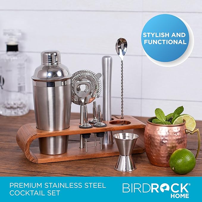 BIRDROCK HOME 10 Piece Professional Bartender Cocktail Mixing Set with Acacia Wood Stand | Stainless Steel Bar Tools for Home | Gift for Him | Includes Shaker, Muddler, Strainers, Jigger, and Spoon