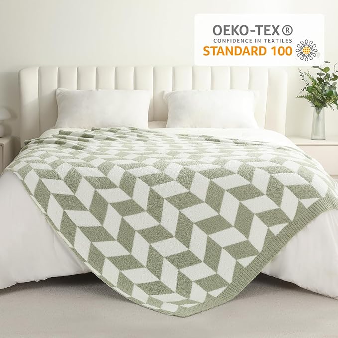 Snuggle Sac Sage Green Bedding Blankets Twin Size, Super Soft Warm Blankets Oversized Cozy Knit Fuzzy Blanket for Living Room, Chevron Green,60x80 inches