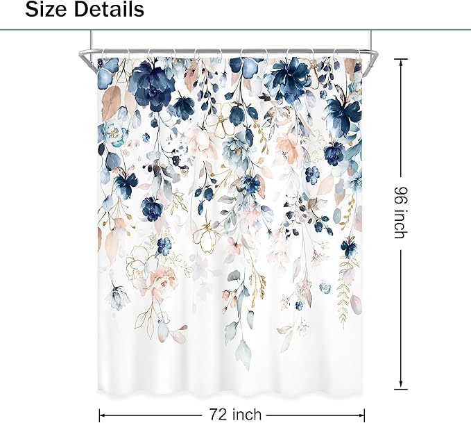 Blue Pink Floral Shower Curtain 72Wx96H Inch Extra Long Flower Watercolor Wildflower Spring Rustic Eucalyptus Leaf Bathroom Set Girl Plant Botanical Bath Curtain Bathtub Accessories Home Decor