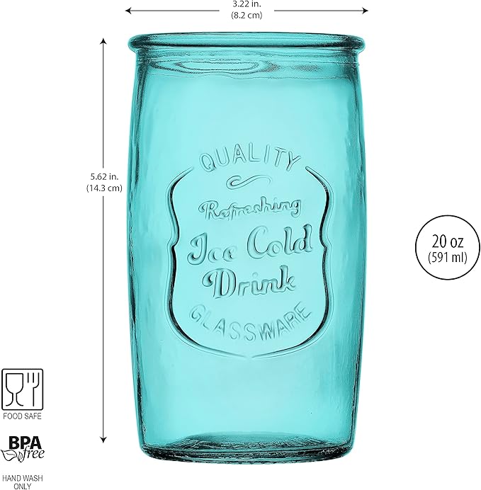 Glaver's Highball Glasses Set of 4 – 20oz Artistic Ice-Cold Pretty Blue – Vintage Glassware with Embossed Logo – Beverage Drinking Glasses for Water, Juice, Cocktails. Hand Wash.