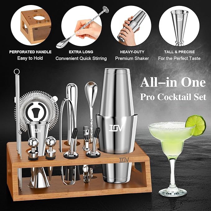 IOV Mixology Bartender Kit Bar Set with Stand | 17-Piece Cocktail Shaker Set | 28oz Boston Shaker Drink Mixer Set with All Essential Accessory Tools | Fun Housewarming Gift (Silver)