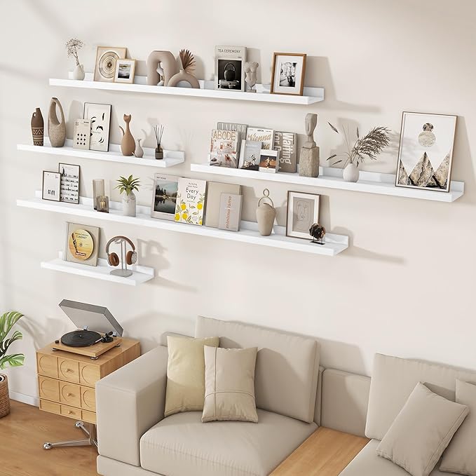 Floating Picture Ledge Shelves 24 Inch Solid Oak Wood Set of 2, Rustic Wall Storage Shelves with Lip, Kids Bookshelf, Photo & Picture Ledge Shelves for Bedroom, Living Room, Kitchen