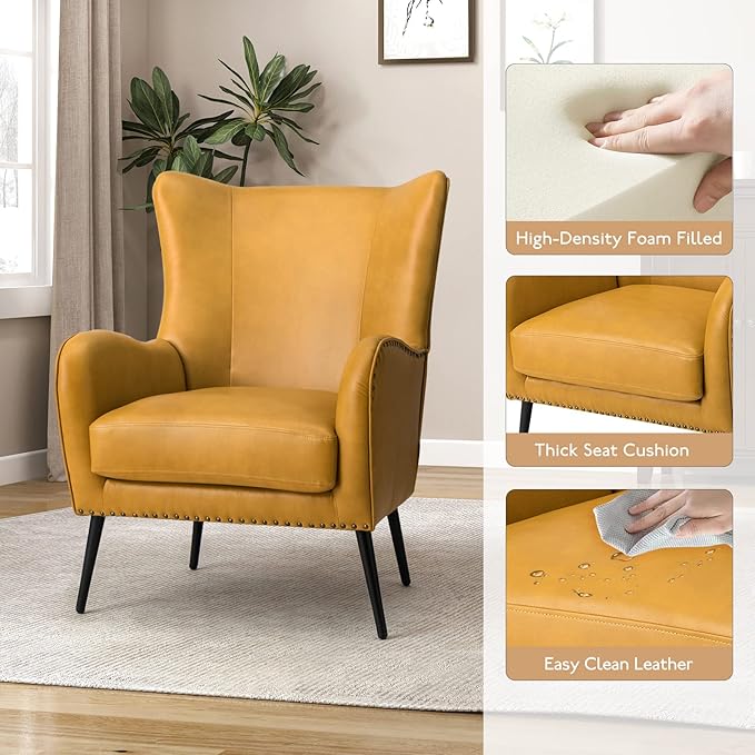 HULALA Home Faux Leather Accent Chair w/Removable Cushion, Comfy Upholstered Armchair with Black Metal Legs & Nailhead Trim Wingback Vanity Chair Desk Chair for Reading Living Room Bedroom, Yellow