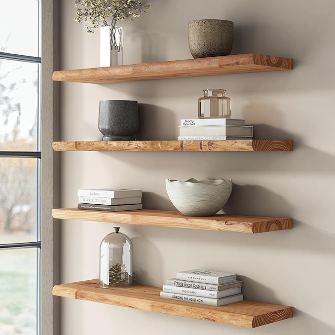 Rustic Elm Wood Floating Shelves for Wall, Live Edge 36"W x 9.2"D x 1.4"H, Set of 2 with Invisible Bracket, Wall Mounted Storage Shelves for Living Room Bedroom Kitchen Bathroom Decor, Natural Finish