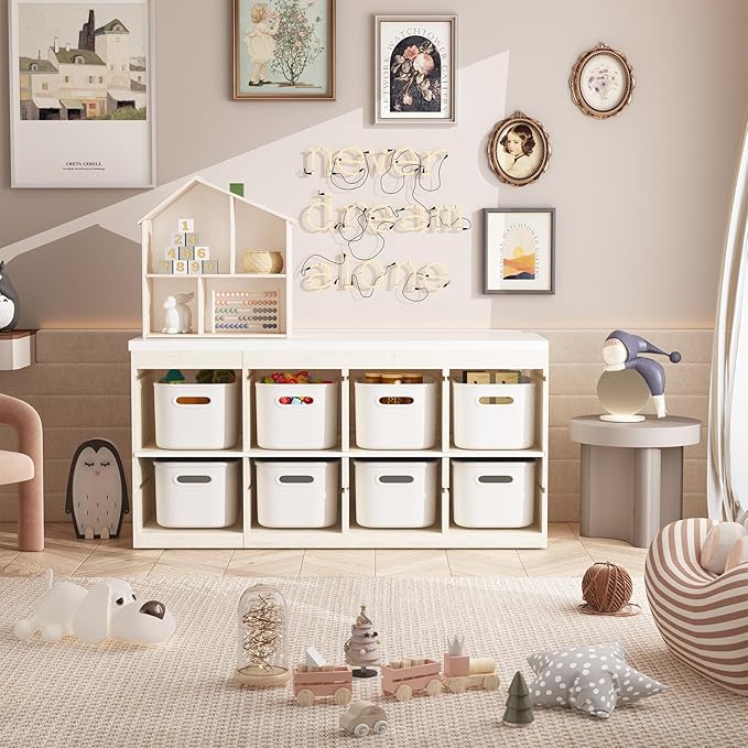 8 Pack White Storage Bins with Lids for Shelves, White Storage Containers with Lids for Organizing, Storage Box with Handle, Stackable White Plastic Bin for Classroom, Craft, Snacks