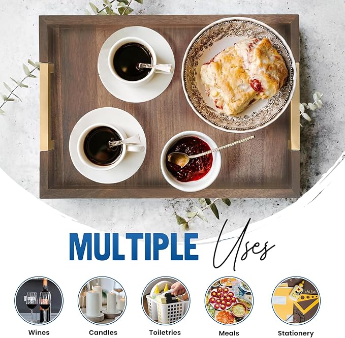 Large Wooden Ottoman Tray with Golden Handles for Serving Food, Decorative Serving Platter for Breakfast, Dinner & Bar, 17.5x11.8in Rustic Storage Tray for Kitchen, Bedroom & Gift Packaging