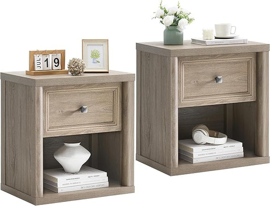 Farmhouse Night Stand Set of 2, Grey Nightstands with Drawer Storage, Wood Large Side Tables End Table, 22.6" Wide Bedside Tables Night Stands for Bedroom Room Sofa Couch Office