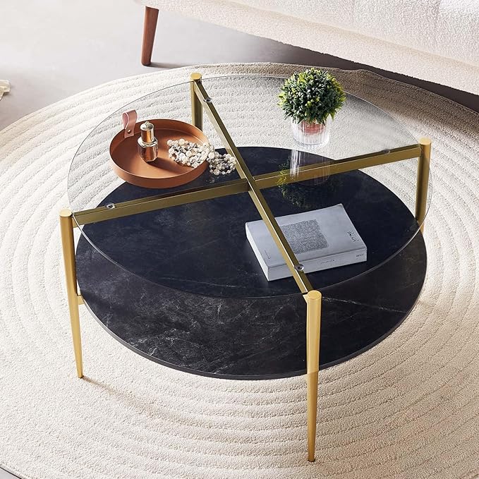 Round Coffee Table for Living Room, Mid-Century Modern Design, D30 x H17, 2-Tier Structure, Grey Glass Top and Black Marble Finish Wood Shelf, Sleek Conical Metal Legs with Gold Finish Frame