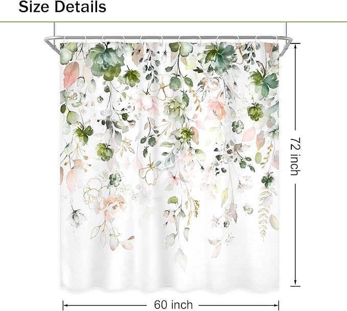 Summer Green Pink Floral Flower Shower Curtain 60Wx72L Inch Spring Floral Eucalyptus Leaves Wildflower Gold Plant Pretty Botanical Bathroom Set Girl Bath Curtain Bathtub Accessories Home Decor