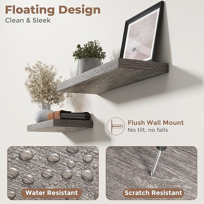 8 Inch Square Floating Shelves for Wall 3 Pack, 8"D Wood Grain Bathroom Shelves with Invisible Brackets, Easy Install Engineered Wood Storage Shelves for Kitchen, Living Room, Bedroom, Grey Oak Finish