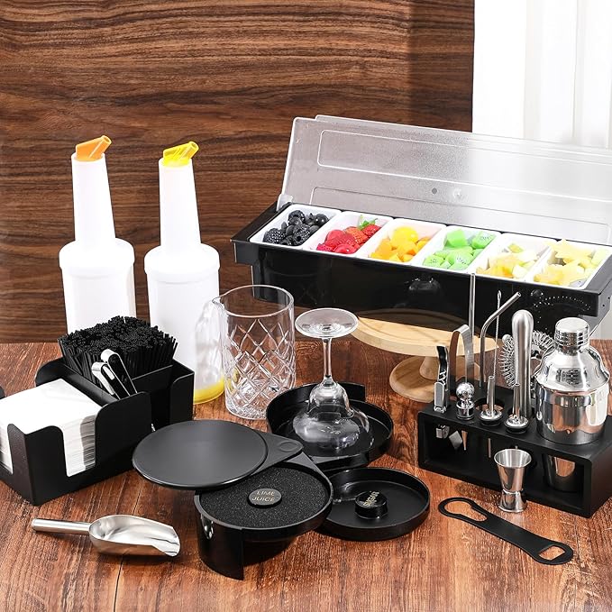 Mifoci 28 Pcs Bartender Kit, Garnish Tray for Bartenders with Lid Bar Caddy, 3 Tier Glass Rimmer, 17 Pcs Margarita Cocktail Shaker Set with Bar Mixology Accessory for Home Beginners Margarita Kit Gift