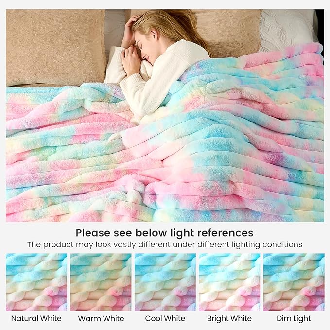 Cozy Bliss Faux Fur Throw Blanket for Couch, Cozy Warm Plush Striped Blanket for Sofa Bedroom Living Room, 90 * 90 InchesTie-dye Rainbow