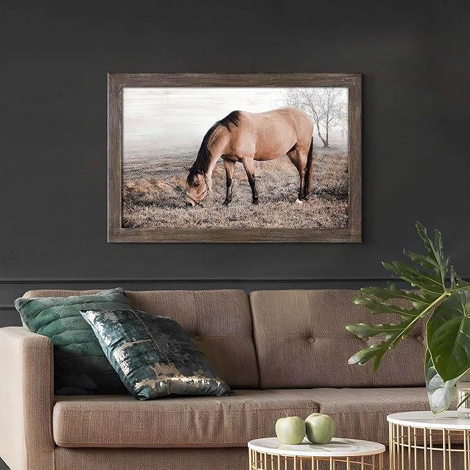 Horse Wall Art Picture Decor: Framed Wild Horse Wooden Print Wildlife Animal on Meadow Painting Western Country Artwork for Bedroom Living Room Home 36 x 24 Inches