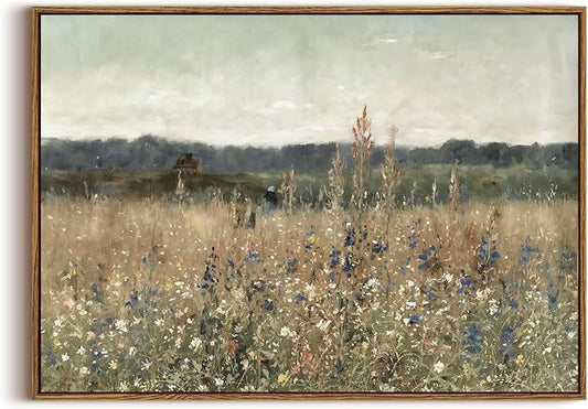 KISSFOX Vintage Landscape Canvas Wall Art Fall Farmhouse Wildflower Field Framed Wall Art Autumn Natural Serene Countryside Paintings Artwork Rustic Art Prints For Bedroom Bathroom Living Room