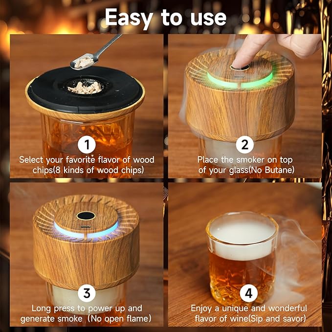 Whiskey Smoker Kit with Wooden Barrel Case, Electric Cocktail Smoker and 8 Flavors Wood Chips, Luxurious Old Fashioned Smoker Kit Bourbon Gifts for Men