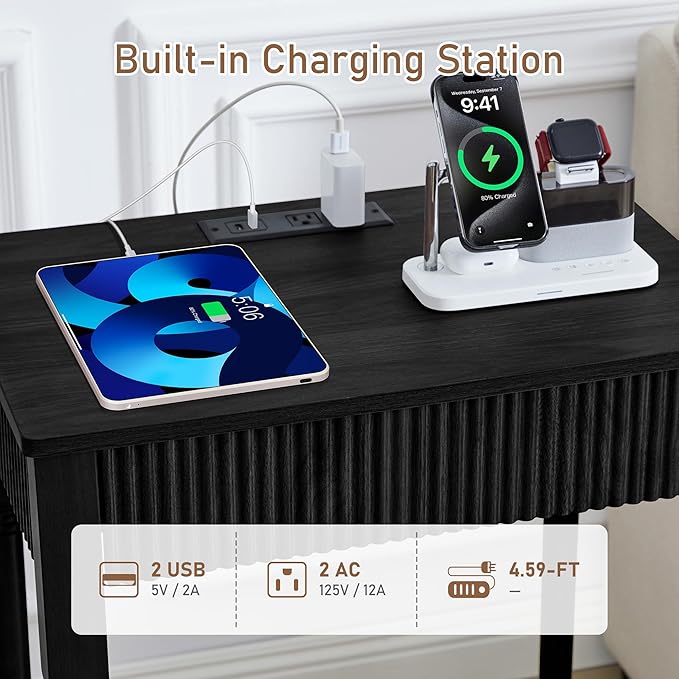 23.6” Large End Table with Charging Station, Modern Farmhouse Side Table Sofa Tables with Fluted Drawer, Wooden Bedside Table Night Stand for Bedroom Living Room Home Office, Black