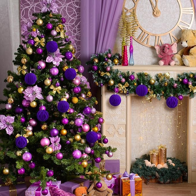 4 Pcs 4 Inch Large Velvet Christmas Ball Ornaments Vintage Christmas Plastic Ball Ornaments Flocked Tree Hanging Decoration for Xmas Party Wedding Home Decor (Purple)