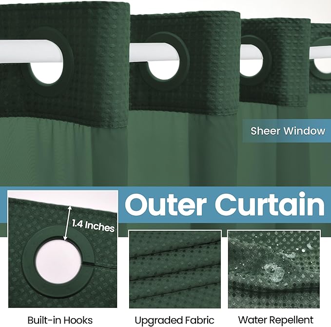 Dark Green Shower Curtain and Liner Set - 230GSM Waffle Weave Textured Heavy Duty,Hotel Luxury Weighted Bath Curtain,71W x 74H