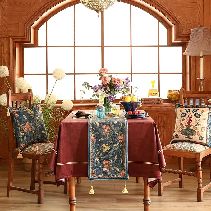 patdrea Designer Casual Wild Floral Velvet Table Runner 87 Inch Long, Dark Blue Occult Bouquets Pattern Table Mat, Decoration for Kitchen Dining Coffee Table Cabinet Banquet Thanksgiving,12"*87"