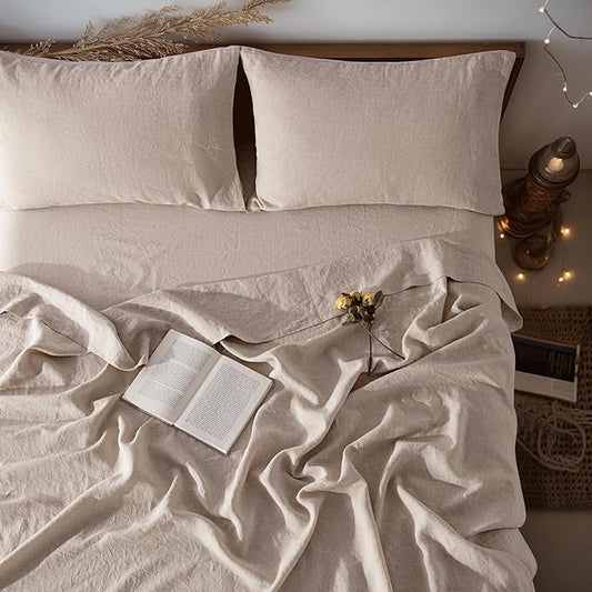 LBRO2M 100% Linen Sheet Set 19" Deep Pocket King Size,Bed Sheets 4 Piece Sets,Solid Color Natural Flax Bed Sheets Soft Breathable Bedding, All Season (King, Linen)