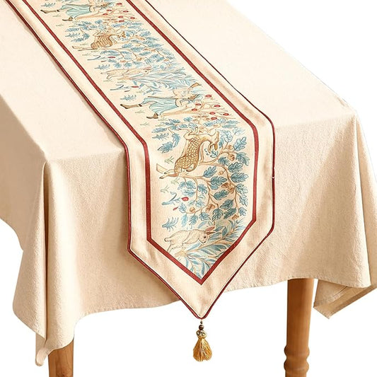 patdrea Designer Idyll Linen Extra Long Table Runner,Vintage Beige Farmhouse with Ancient Spring Figure and Animal Pattern Table Mat,Decoration for Kitchen Dining Banquet Christmas ,16"*118"