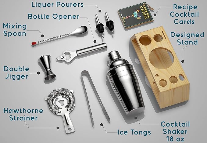 Cocktail Shaker Set Bartender Kit with Bamboo Stand – Professional Martini Shaker, Premium Stainless Steel Shaker Bottle, Complete Bar Accessories Gift Set and Mixology Kit for Home Bar & Drink Mixing