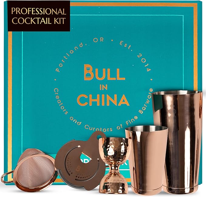 5 Piece Cocktail Kit by Bull In China - Premium Bartender Gift Set Includes Weighted 2 Piece Boston Shaker, Hammered Bell Jigger, Hawthorne Strainer & Fine Mesh Strainer (Copper)