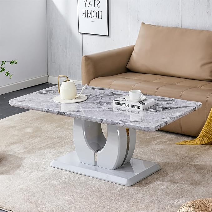 LKTART Rectangle Coffee Table for Living Room, Imitation Marble Coffee Tables with Storage, Modern Stable Base Accent Center Tea Table for Dining Room Small Space Apartment (43.3''L×22.4''W-Grey)