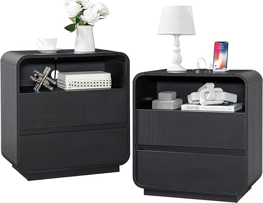Black Nightstand Set of 2 with Charging Station, 25" Tall Wood Bedside Table, Modern End Table with 2 Storage Drawers, Curved Profile, Handleless, Mid Century Night Stand for Bedroom