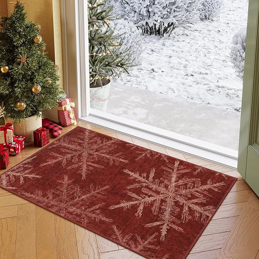 Lahome Christmas Rugs Indoor Kitchen Rug, 2x3 Red Christmas Snowflake Door Mat Washable Non Slip Entryway Rugs, Soft Small Rug Holiday Decor Carpet for Entry Bathroom Bedroom(2x3ft,Red)