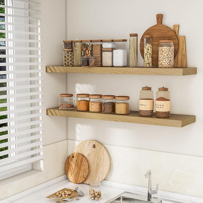 RICHFOCUS 48Inch Floating Shelves for Wall 2 Pack Shelves for Bedroom|Kitchen|Bathroom Wall Mounted Rustic Wood Floating Shelf with Invisible Brackets for Books|Storage|Decor, Oak