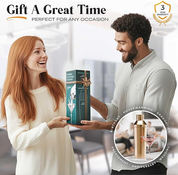 Insulated Cocktail Shaker Set | Double Wall Stainless Steel | Martini Shaker for Home Bar Bartending | Built-in Drink Measurement System & Strainer, Travel Bag, 35 Recipes | Gift Set (Copper)