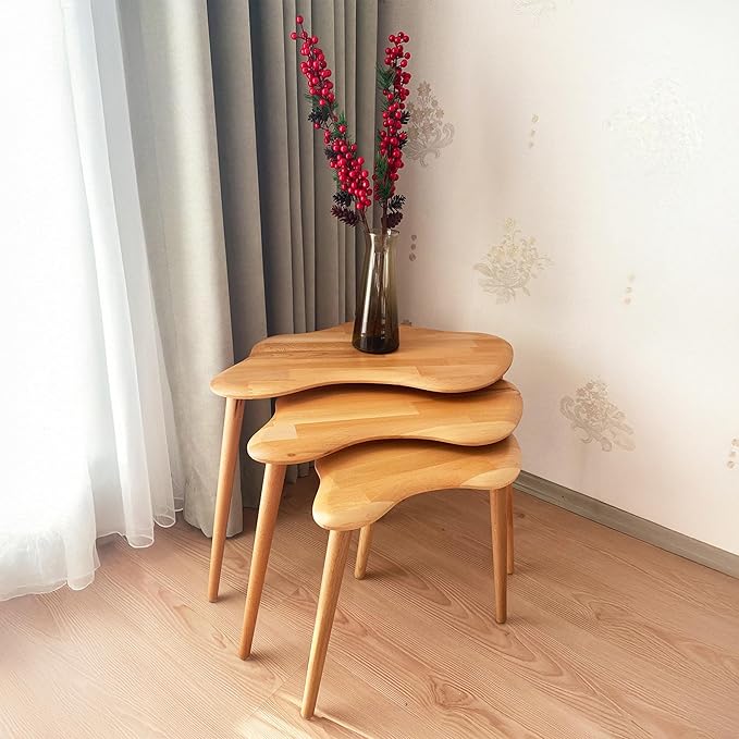 Nesting Coffee Tables, End Tables Set of 3 for Living Room Bedroom, Solid Wood Small Side Tables for Couch, Rustic Mid Century Modern Wooden Asymmetrical Table with Tapered Legs