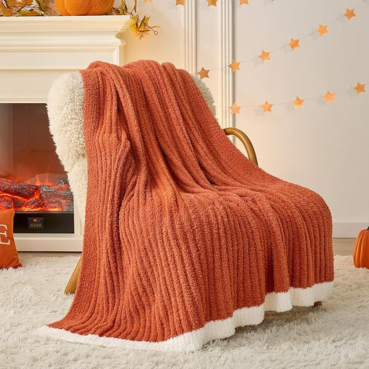 Snuggle Sac Fluffy Fall Bedding Blanket Twin Size, Soft Luxurious Knit Throws, Fuzzy Microfiber Blankets for Couch, Sofa, Bed, Burnt Orange, 60x80 inches