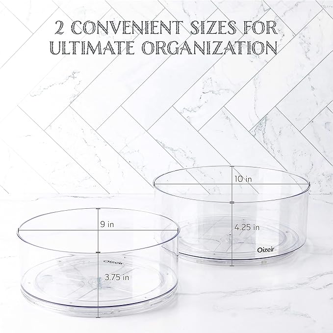 Oizeir Lazy Susan Turntable (2-Pack) - Clear Acrylic, Rotates 360 Degrees, Easily Organize Your Fridge, Cabinet or Counter - Carousel Storage for Food, Spices, Cosmetics