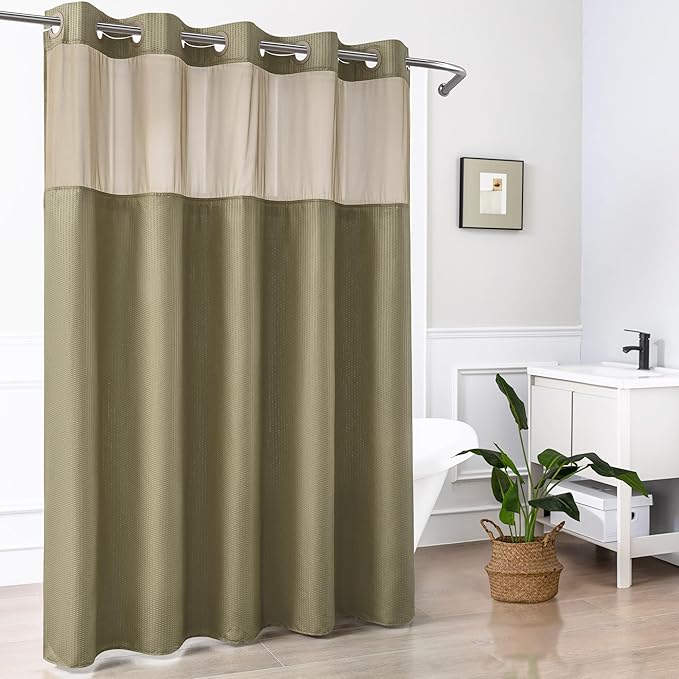 Mrs Awesome No Hook Shower Curtain with Snap-in Liner, Embossed Waffle Design Fabric Shower Curtain for Bathroom, Soft & Lightweight, 71x74, Taupe
