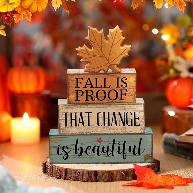 4 Pcs Fall Decoration for Home Wooden Maple Leaf Fall Tiered Tray Decor Thanksgiving Table Centerpiece Rustic Decorative Maple Leaf Block Signs Farmhouse Autumn Decoration for Home Kitchen