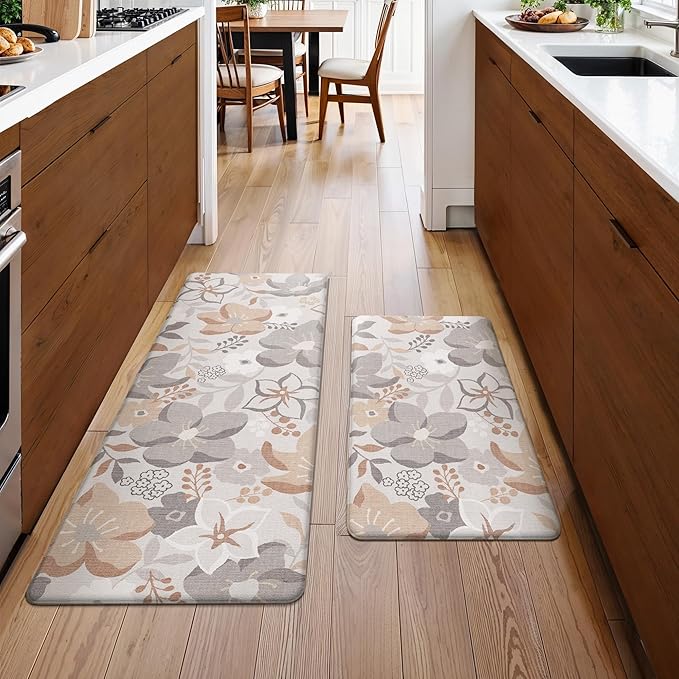GENIMO Kitchen Mats for Floor 2PCS, Cushioned Kitchen Rugs Non Slip Washable, Farmhouse Anti Fatigue Mat Waterproof, Comfort Standing Mat Rug for Office, Home, Laundry, 17.3"x47"+17.3"x30", Grey