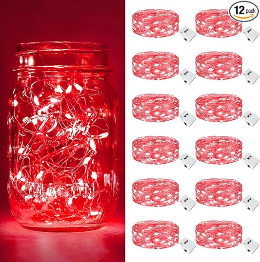btfarm 12 Pack Fairy Lights Battery Operated [3 Modes], 7ft 20 Led Twinkle Lights String Lights Waterproof Bulk Small Mini Silver Wire for Christmas Mason Jars Wedding Table Centerpiece, Red