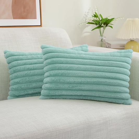 decorUhome Faux Fur Throw Pillow Covers 12x20 Set of 2, Decorative Soft Plush Striped Lumbar Neutral Couch Euro Pillow Covers with Velvet Back for Sofa, Bed, Living Room Home Decor, Aqua