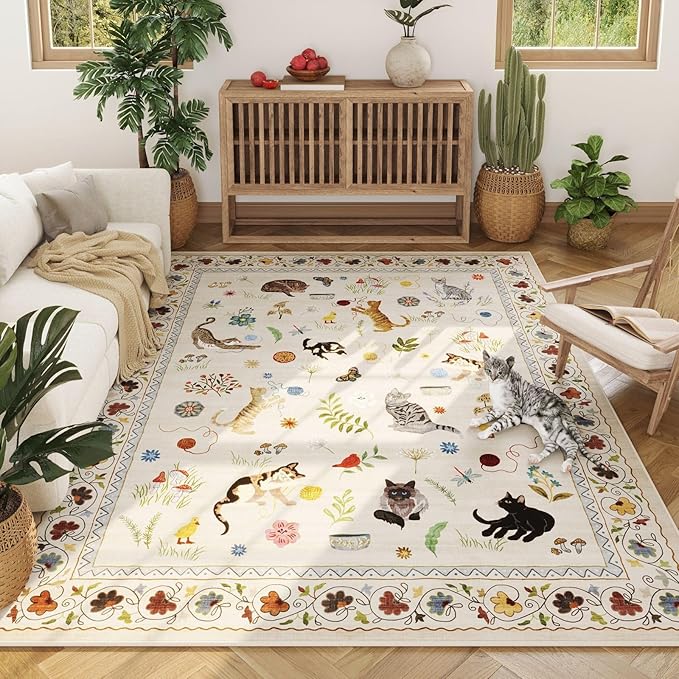 Rugcomf Area Rugs 9x12 Living Room Clearance Washable Boho Rug Non Slip Floral Animal Cat Vintage Low Pile Large Rug for Living Room Bedroom Farmhouse Dining Room Kids Playroom, Beige